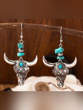 Turquoise Faux  Accent Silver Bull Skull Dangle Earrings
